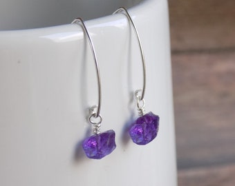 Rough Amethyst Earrings Sterling Silver, 33rd Wedding Anniversary Gift, Natural Amethyst Drop Earrings, Third Eye Chakra Earrings