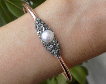 Freshwater Pearl Bracelet, Rose Gold Bracelet, June Birthstone Jewelry, Grandma Birthday Gift, Natural Pearl Bangle, Genuine Real Pearl Cuff
