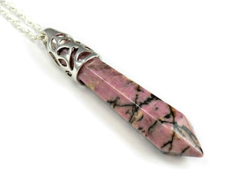 Rhodonite Necklace, Pink and Black Stone Spike Necklace, Pretty Necklace, Pastel Pink Gift, Rhodonite Jewelry, Patterned Stone Pendant