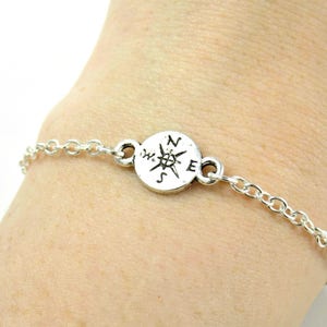 Compass Bracelet, Dainty Bracelet Silver Minimal Bracelet, Silver Compass Charm Bracelet, Coin Travelling Jewelry, Travel Backpacker Leaving