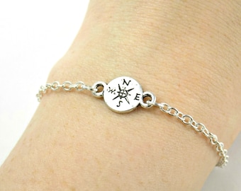 Compass Bracelet, Dainty Bracelet Silver Minimal Bracelet, Silver Compass Charm Bracelet, Coin Travelling Jewelry, Travel Backpacker Leaving
