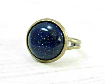 Blue Goldstone Ring, Blue Sandstone Ring, Blue Stone Ring, Blue Glass Ring, Antique Bronze Ring, Boho Festival Ring Adjustable, Round Stone