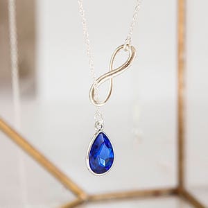 Personalised Birthstone Necklace, Lariat Necklace Silver Chain, Infinity Necklace, Long Silver Drop Necklace, Y Necklace, Eternity Necklace