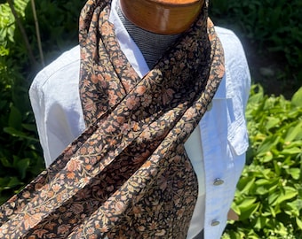 Black Silk Scarf with Floral Block Print | Lightweight Summer Accessory MAYIL 1663