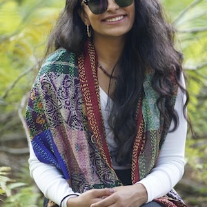 Upcycled Silk Kantha Scarf | Handmade Patchwork Wrap, Reversible Boho Sustainable Fashion