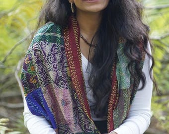 Upcycled Silk Kantha Scarf | Handmade Patchwork Wrap, Reversible Boho Sustainable Fashion