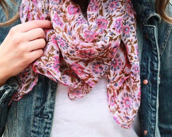 Pink Floral Chiffon Scarf | Lightweight Elegant Summer Accessory MAYIL