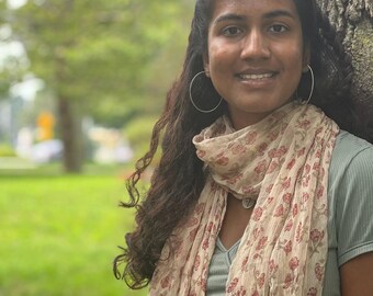 Tan Floral Chiffon Scarf | Lightweight Elegant Summer Accessory MAYIL
