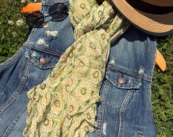 Green Floral Chiffon Scarf | Artisan Block Print Boho Wrap MAYIL