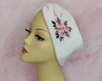 embroidered headband, knitted headband, winter headband, ear warmer, floral knitted headband, Brazilian embroidery,