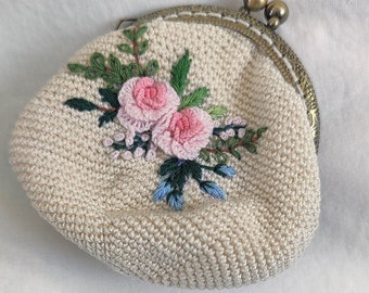 Hand embroidered coin purse, change bag, small gift, small wallet, Victorian bag,