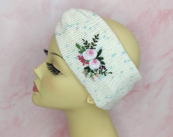 embroidered headband, knitted headband, winter headband, ear warmer, floral knitted headband, Brazilian embroidery,