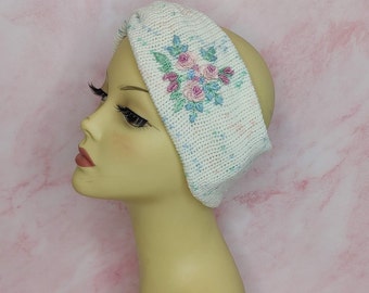 embroidered headband, knitted headband, winter headband, ear warmer, floral knitted headband, Brazilian embroidery,