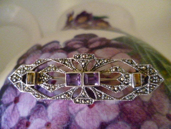 marcasite brooch, amethyst and citrine brooch, sterling silver brooch, bar brooch