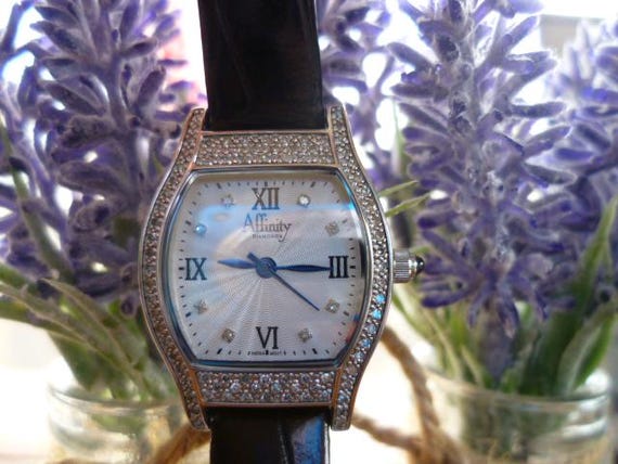 Affinity Diamond Quartz Sterling Silver Watch Leather Band Affinity Diamond and Sterling Silver Ladies Watch - Etsy main image 3