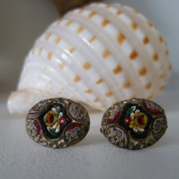 vintage italy micro mosaic tile earrings, vintage clip-on earrings