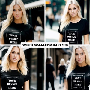 Peut inclure: Trois images d'une femme portant un t-shirt noir avec un rectangle blanc et le texte "YOUR DESIGN HERE" à l'intérieur. Le rectangle a une petite flèche pointant vers la droite.