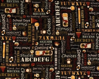 School Days/Teacher/Owl/Student - Letters/Alphabet/Collage/Font Words Fabric - Quilting Cotton; [[by the half yard]]