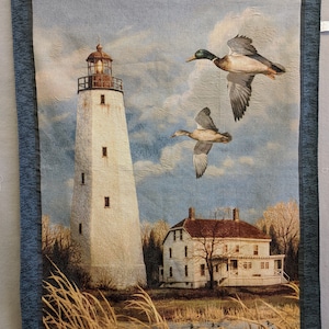 Lighthouse and Mallards #1 Tapestry Wall Hanging Panel 36&quot; x 47&quot;