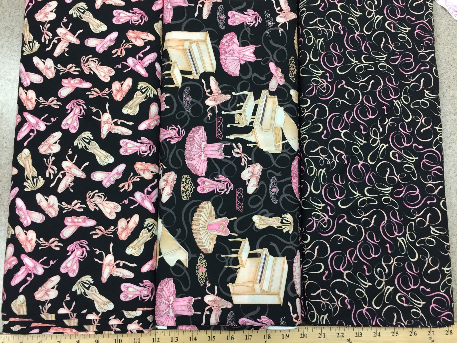 pink and cream ballet shoes ribbons - cotton quilting fabric - dance [[by the half yard]]