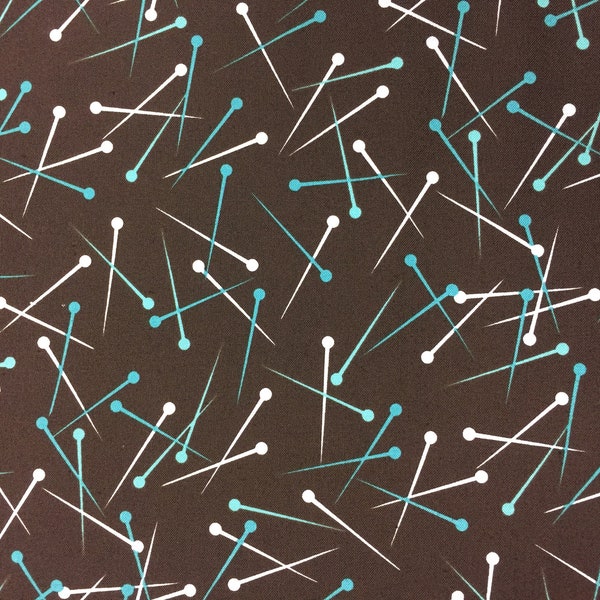 White/Turquoise Pins on Brown Background - Sewing Themed Cotton Fabric - [[by the half yard]]