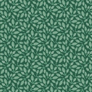 May include: A seamless pattern featuring a repeating design of green leaves on a dark green background.