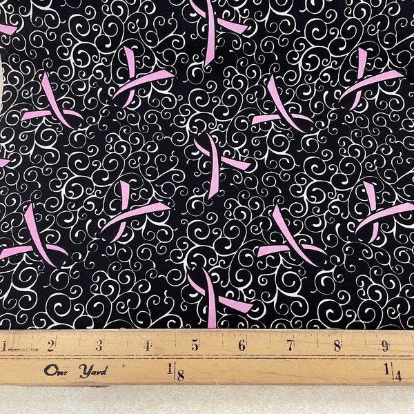 Breast Cancer Scroll Black with Pink Ribbons  - 100% Quilting Cotton Fabric [[by the half yard]]