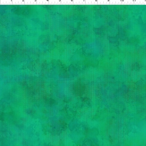 May include: A green fabric with a subtle, textured pattern of small white dots. The fabric has a mottled, watercolor-like effect, with shades of green and blue.