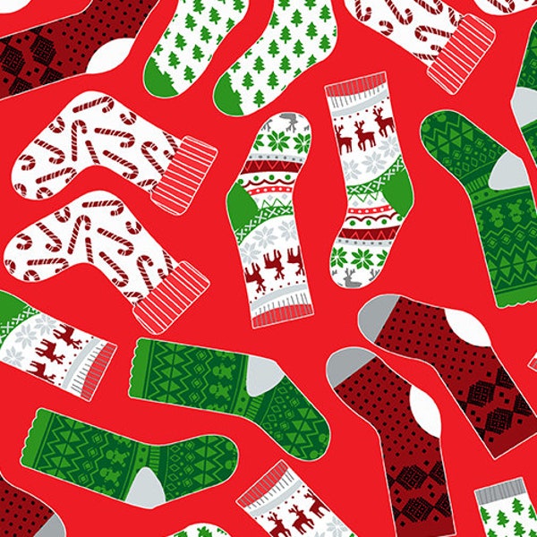 Keeping Cozy Christmas Sock Print on Red -  100% Quilting Cotton Fabric [[by the half yard]]