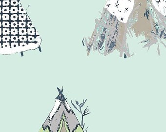 TEEPEES- light green background, 100% cotton fabric // Quilting Cotton; [[by the half yard]]