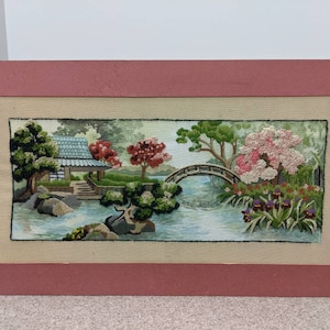 Vintage Crewel Needlework Japanese Scenery Completed Circa 1970s