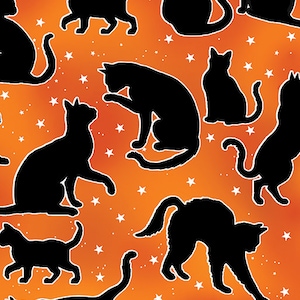 Halloween Spirit - Black Cats  on Orange Background Fabric -  100% Quilting Cotton Fabric [[by the half yard]]