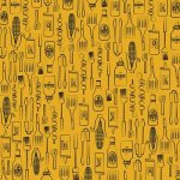 Peace, Love & BBQ Fabric - Gold -  100% Quilting Cotton Fabric [[by the half yard]]