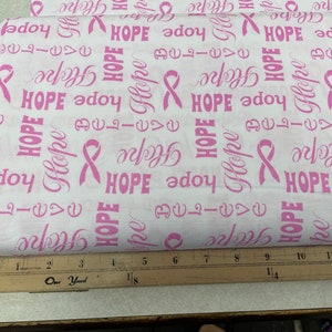 Breast Cancer Pink Text and Ribbons on White - 100% Quilting Cotton Fabric [[by the half yard]]