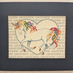 Vintage Crossstitch Unicorn Mounted on Blue Completed Circa 1980s