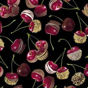 Chocolate Cherries Black Fabric - 100% Quilting Cotton Fabric [[by the half yard]]
