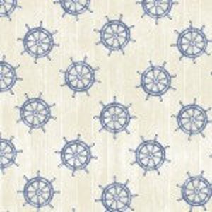 May include: A seamless pattern of blue ship's wheels on a beige background.