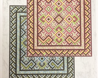 May include: Quilt pattern for Hampton Court, a quilt with a geometric design in shades of brown, green, yellow, and pink. The finished size is 72 1/2 inches by 84 1/2 inches. Trillium Ridge Quilt Patterns, www.suebeevers.com