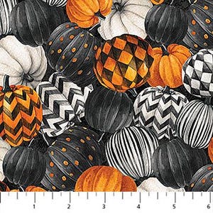 Spellbound - Tossed Pumpkins with Black  Background Fabric -  100% Quilting Cotton Fabric [[by the half yard]]