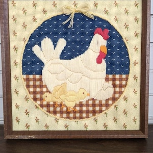 Vintage Needlepoint Mother Hen & Baby Chicks - Framed and Completed Circa 1983