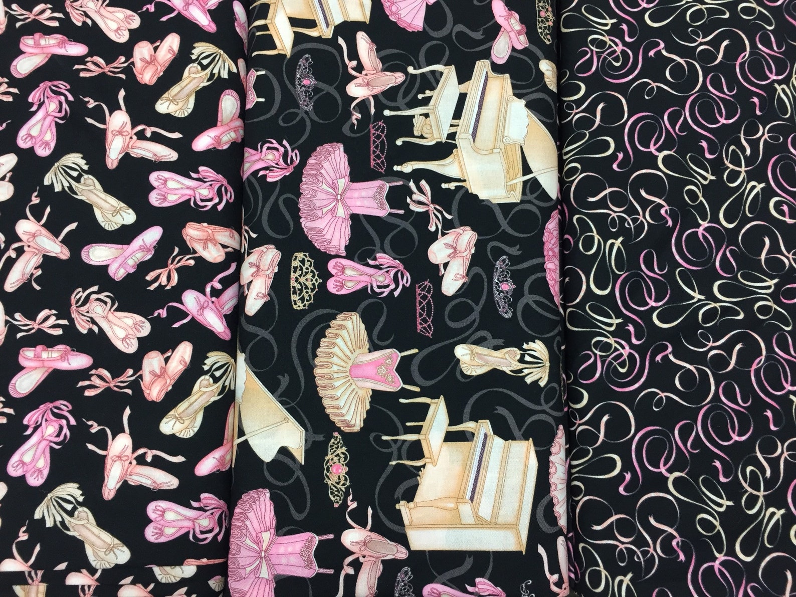 pink and cream ballet shoes ribbons - cotton quilting fabric - dance [[by the half yard]]