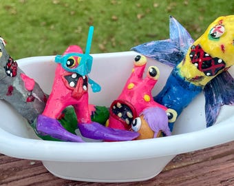 Monster party whimsical boho mixed media sculpture