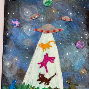 Aliens abducted the cats mixed media painting