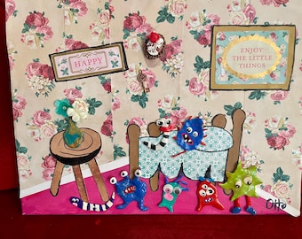 Monsters under the bed boho mixed media painting