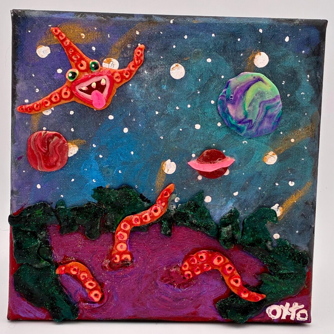Judy’s Planet, Sea Creature From Outer Space, Boho Mixed Media Painting ...