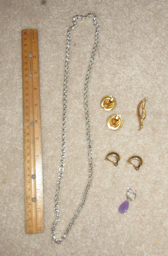 Monet long silver chain 2 pairs earrings gold pin - image 2