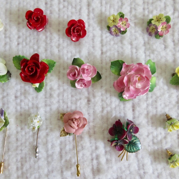 4 Cara Staffordshire pins and a few earrings plus similar china jewelry