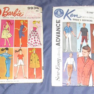 May include: Two vintage sewing patterns for Barbie and Ken dolls. The Barbie pattern is for a dress and coat, and the Ken pattern is for a shirt, pants, and a robe. Both patterns are from the Advance line of patterns.