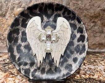 Decorative plate decor leopard cross unique gift DIY handmade