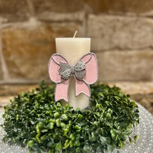Pink bow candle pin, embellished bow, unique gift, handmade, DIY, candle decor, candle accessories, bow decor, bow lover gift idea